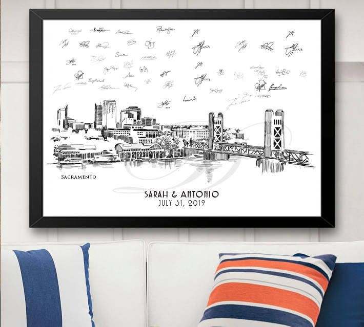 Sacramento Skyline Guestbook Print, Guest Book, Bridal Shower, Wedding, Custom, Alternative, Baby Shower, Family Reunion FREE PEN