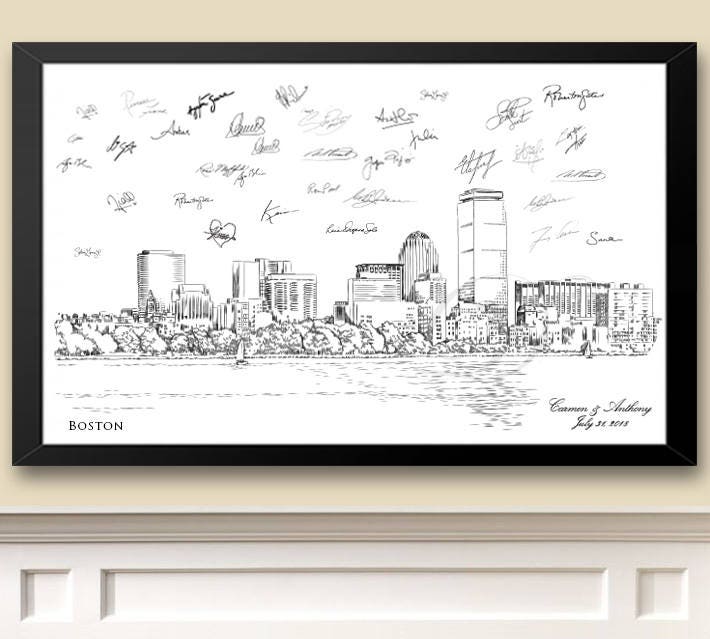 Boston Skyline View 4 Guestbook Print, Guest Book, Bridal Shower, Wedding, Custom, Alternative, Wedding Sign-in (8 x 10 - 24 x 36)