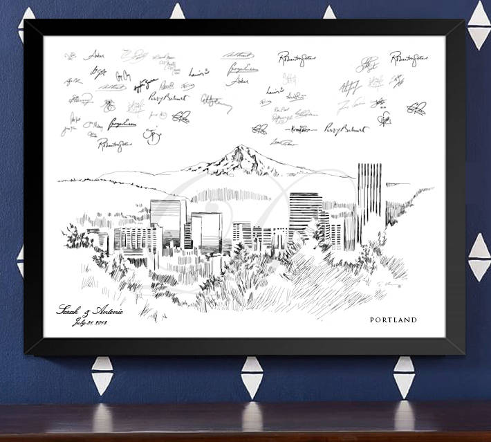 Portland Skyline Guestbook Print, Guest Book, Bridal Shower, Oregon,  Wedding, Custom, Alternative Guest Book, Sign-in (8 x 10 - 24 x 36)