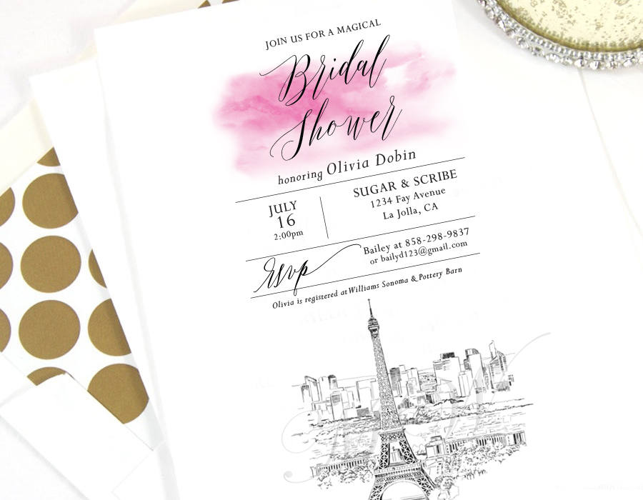 Paris Skyline Bridal Shower Invitations, French, Wedding, Eiffel Tower, Bridal Brunch, Bridal Luncheon (set of 25 cards & envelopes)