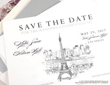 Load image into Gallery viewer, Paris Skyline Save the Date Cards, Save the Dates, STD, France Skyline, Eiffel Tower, Wedding, Hand Drawn (set of 25 cards and envelopes)
