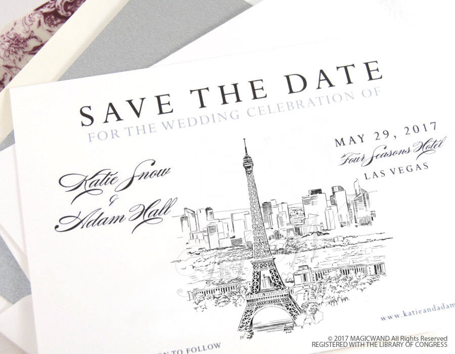 Paris Skyline Save the Date Cards, Save the Dates, STD, France Skyline, Eiffel Tower, Wedding, Hand Drawn (set of 25 cards and envelopes)