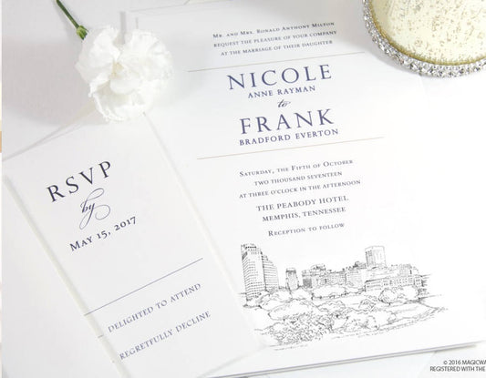 Memphis Skyline Wedding Invitations Package, Invite, Memphis Wedding (Sold in Sets of 10 Invitations, RSVP Cards + Envelopes)