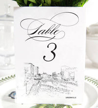 Load image into Gallery viewer, Greenville Skyline Table Numbers, South Carolina Wedding (1-10)
