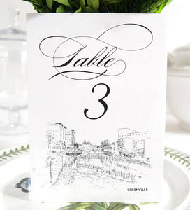 Greenville Skyline Table Numbers, South Carolina Wedding (1-10)