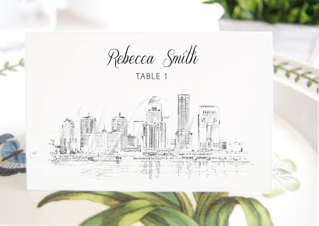 Louisville Skyline Place Cards, Fairytale Wedding, Placecards, Escort Cards, Kentucky Wedding, Custom with Guests Names (Set of 25 Cards)