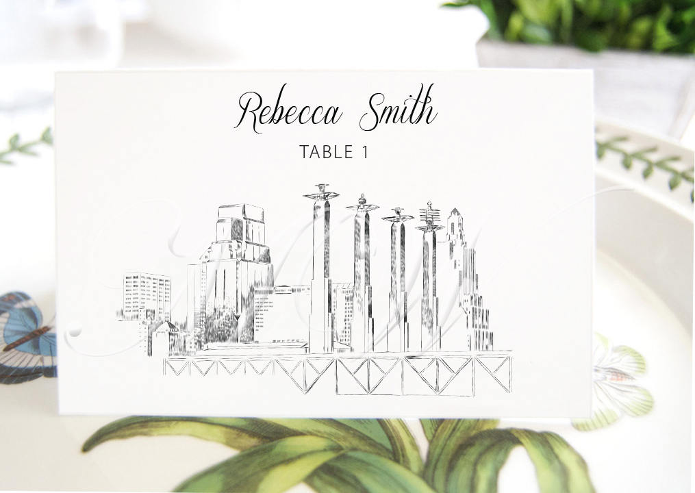 Kansas City Battle Hall View Skyline Place Cards, Placecards, Escort Cards, Wedding, Custom with Guests Names (Set of 25 Cards)
