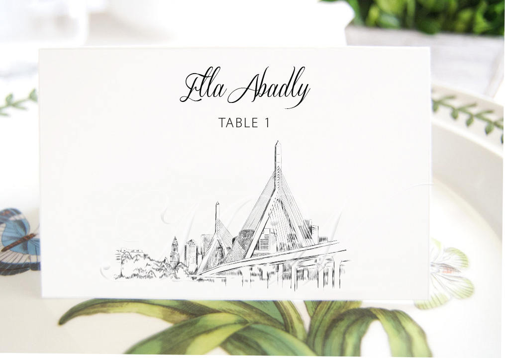 Boston Zakim Bridge View Skyline Place Cards, Placecards, Escort Cards, Wedding, Custom with Guests Names (Set of 25 Cards)