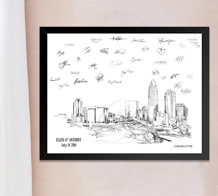 Charlotte Skyline Guestbook Print, North Carolina, Guest Book, Bridal Shower, Wedding, Custom, Alternative, Baby Shower, Family Reunion