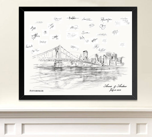 Pittsburgh Skyline Guestbook Print, Guest Book, Bridal Shower, Wedding, Custom, Alternative, Baby Shower, Family Reunion, birthday, FREE PEN