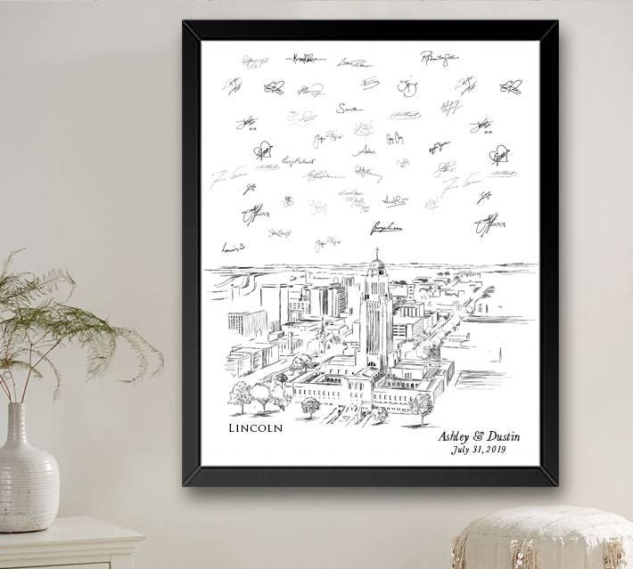 Lincoln Skyline Guestbook Print, Nebraska, Guest Book, Bridal Shower, Wedding, Custom, Alternative, Baby Shower, Family Reunion FREE PEN