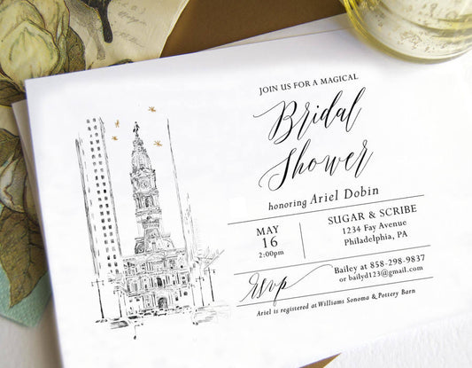 Philadelphia City Hall Skyline Bridal Shower Invitations, Philadelphia Wedding, Bridal Brunch, Bridal Luncheon (set of 25 cards & envelopes)