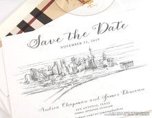 Load image into Gallery viewer, San Antonio Skyline Save the Date Cards, Save the Dates, STD, Texas Skyline, Wedding, Hand Drawn (set of 25 cards and envelopes)
