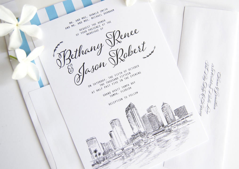 Tampa Skyline Wedding Invitation Package, Invite, Invitations, Florida Wedding (Sold in Sets of 10 Invitations, RSVP Cards + Envelopes)