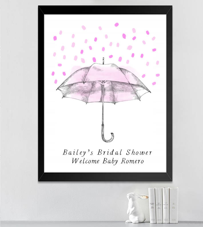 Baby Shower Girl Umbrella Thumbprint Rain Drop Guest Book Alternative, Pink, Hand Drawn, Fingerprint Guestbook, Baby Shower Girl, FREE PEN