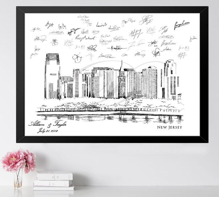 New Jersey Skyline Wedding Guest Book Alternative Print, NJ Skyline, Wedding Guestbook, Bridal Shower, NJ Wedding, Guestbook, Sign-in