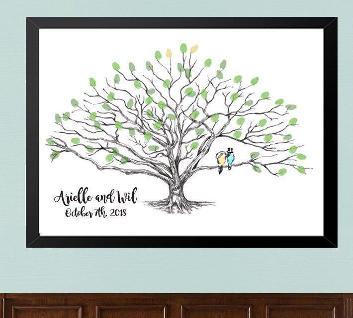 Thumbprint Low Oak Wedding Guest Book Alternative, Love Birds and Heart, Fingerprint Guestbook, Bridal Shower, Family Reunion, Wedding,