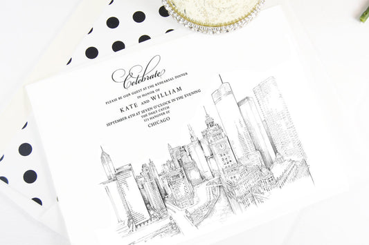 New Chicago Skyline Rehearsal Dinner Invitation, Hand Drawn, Wedding, Chicago Wedding, Invites (set of 25 cards)