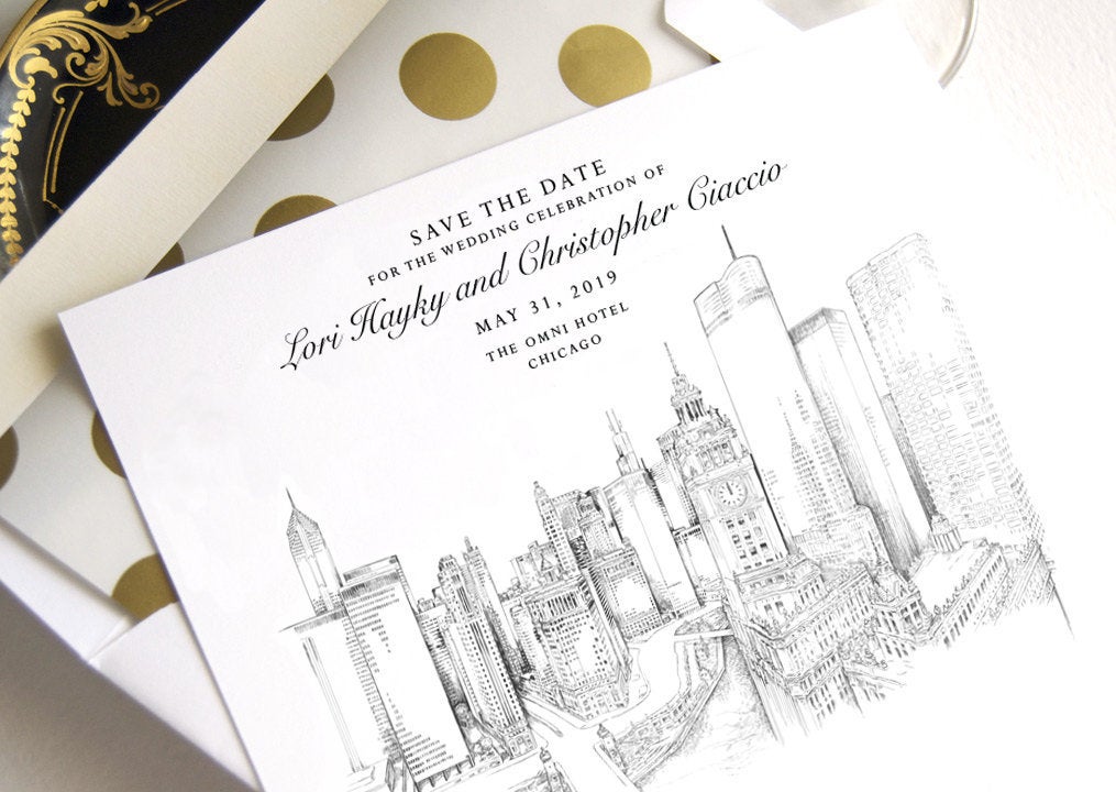 New Chicago Skyline View Save the Dates, Chicago Wedding Save the Date Cards, Chicago Wedding (set of 25 cards)