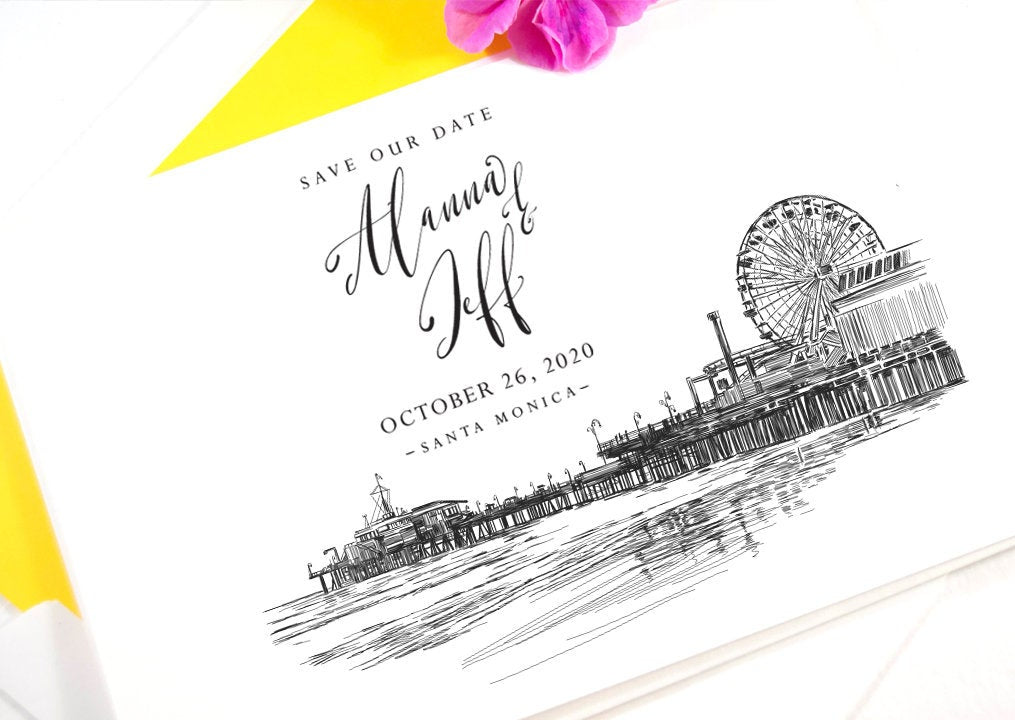 Santa Monica Pier Save the Dates, Los Angeles Wedding, STD,  Save the Date Cards (set of 25 cards)