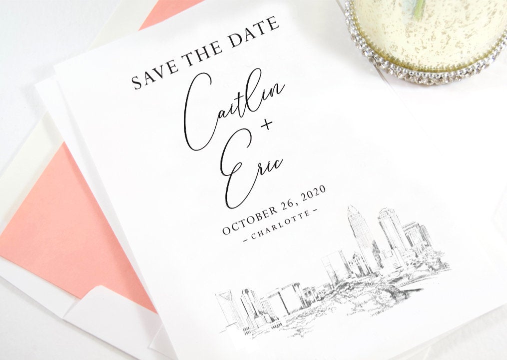 Charlotte, NC Skyline Wedding Save the Dates, Save the Date Cards, STD, Charlotte Wedding, North Carolina  (set of 25 cards and envelopes)