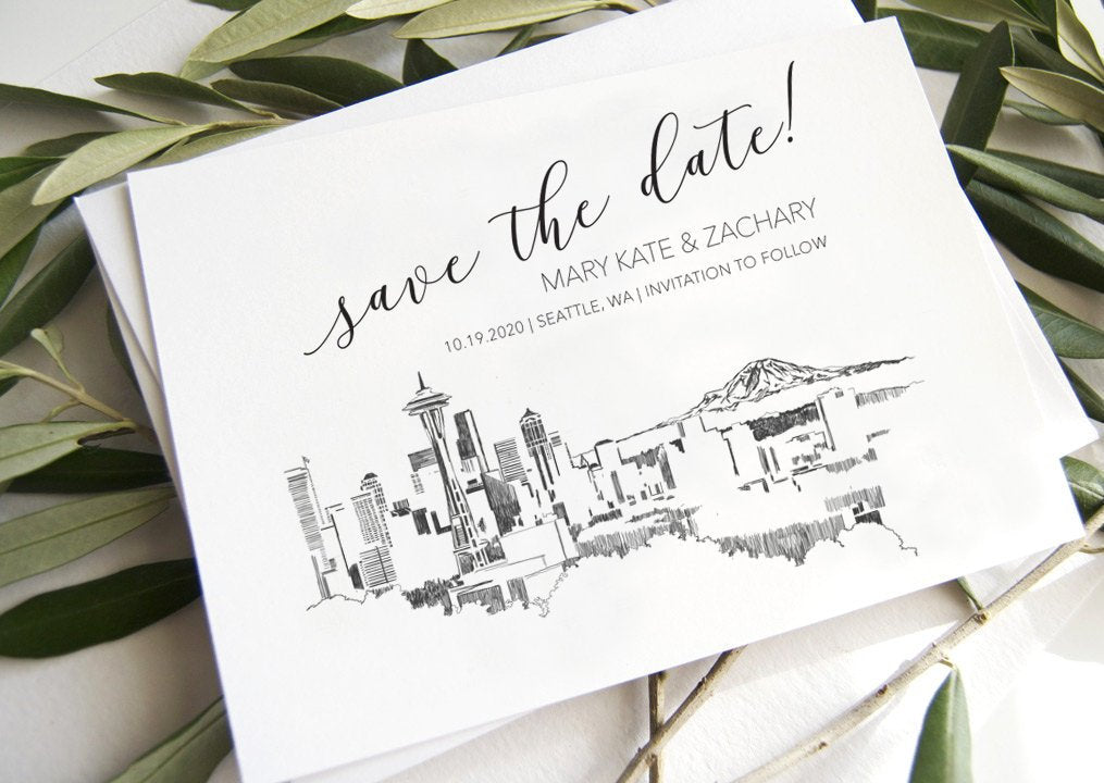 Seattle Skyline Save the Dates, Save the Date Cards, STD, Washington Skyline, Seattle Wedding  (set of 25 cards)