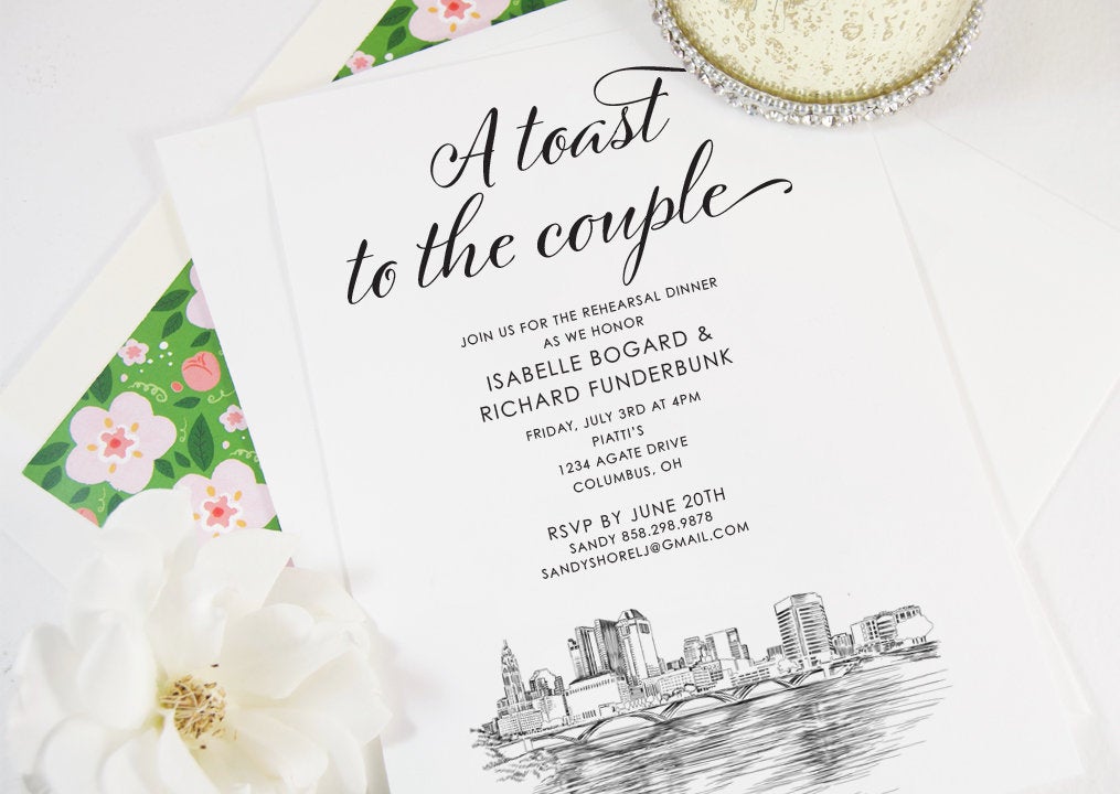 Columbus, Ohio Skyline Rehearsal Dinner Invitations, Columbus Weddings, Wedding Rehearsal (set of 25 cards)