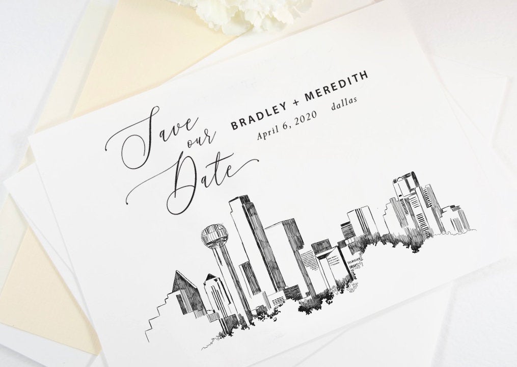 Dallas Skyline Save the Dates, Save the Date Cards, STD, Dallas Wedding, Texas (set of 25 cards and envelopes)