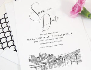 Minneapolis Skyline Save the Date Dates, Save the Date Cards, STD, Minnesota Wedding, Minneapolis Weddings (set of 25 cards and envelopes)