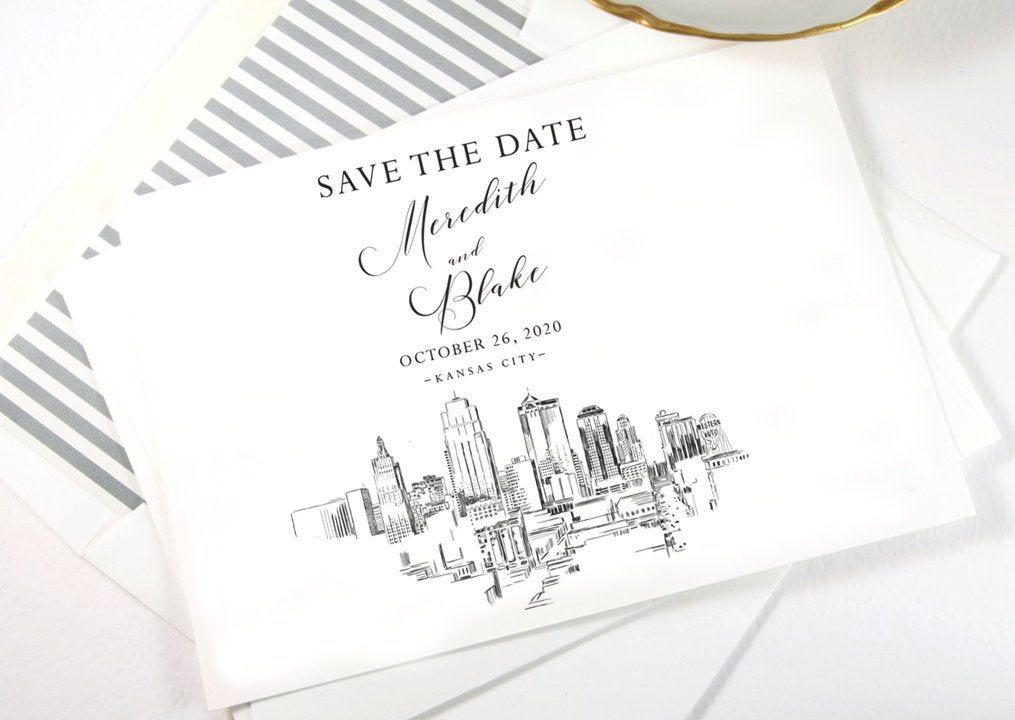 Kansas City Skyline Save the Dates, STD, Kansas City Wedding,  Save the Date Cards (set of 25 cards)