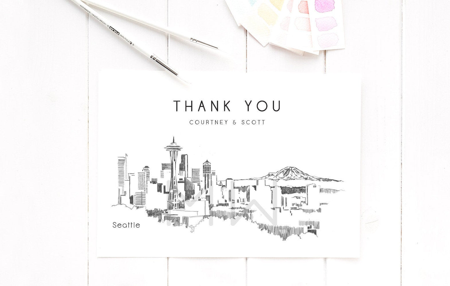 Seattle Skyline Thank You Cards, Personal Note Cards, Bridal Shower Thank you Card Set, Corporate Thank you Cards (set of 25 cards)
