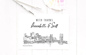 Sacramento Skyline Thank You Cards, Personal Note Cards, Bridal Shower Thank you Card Set, Corporate Thank you Cards (set of 25 cards)