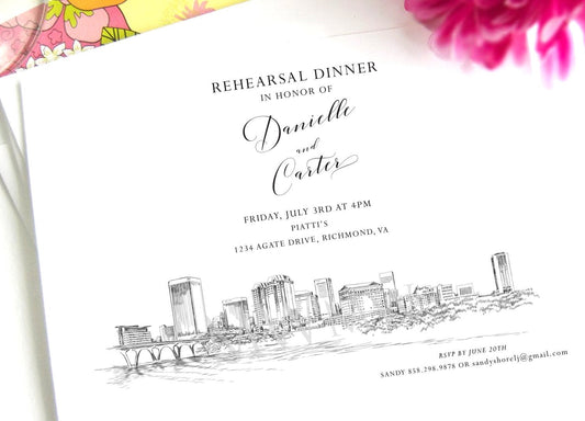 Richmond Skyline Rehearsal Dinner Invitations, Wedding, Virginia Wedding, Rehearse, Invite, Invitations (set of 25 cards)