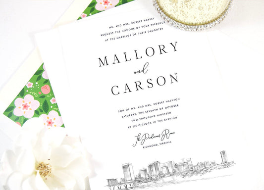 Richmond Skyline Wedding Invitation, Virginia Wedding, Richmond, VA Skyline Invite (Sold in Sets of 10 Invitations + Envelopes)