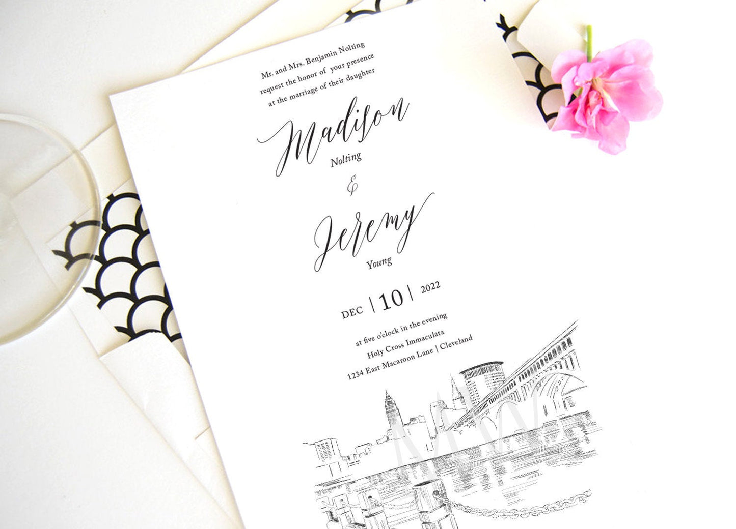 Cleveland Skyline Wedding Invitation, Ohio Wedding, Cleveland Skyline Invite (Sold in Sets of 10 Invitations + Envelopes)