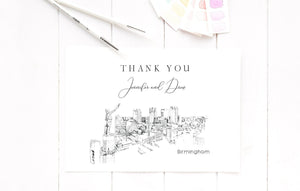 Birmingham Skyline Thank You Cards, Personal Note Cards, Bridal Shower Thank you Card Set, Corporate Thank you Cards (set of 25 cards)