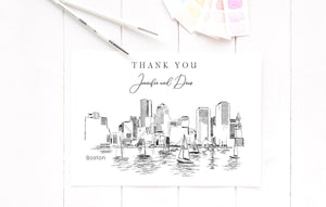 Boston Skyline Thank You Cards, Personal Note Cards, Bridal Shower Thank you Card Set, Corporate Thank you Cards (set of 25 cards)