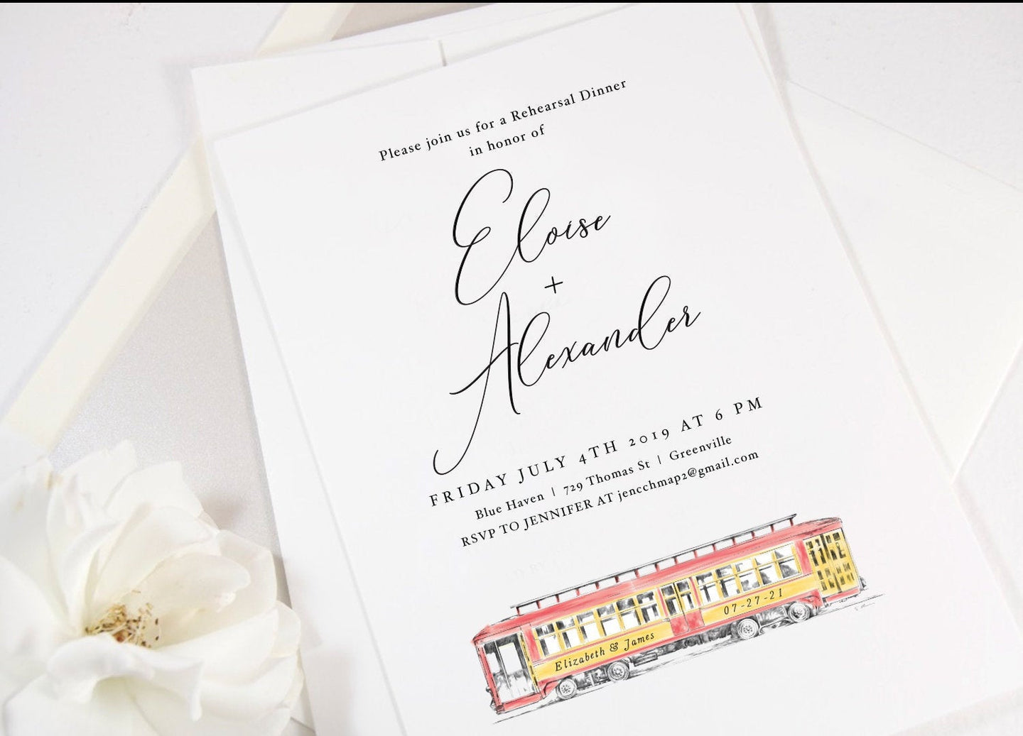 Trolley Car Rehearsal Dinner Invitations, Wedding, New Orleans Wedding, Rehearse Invite, Invitations (set of 25 cards)
