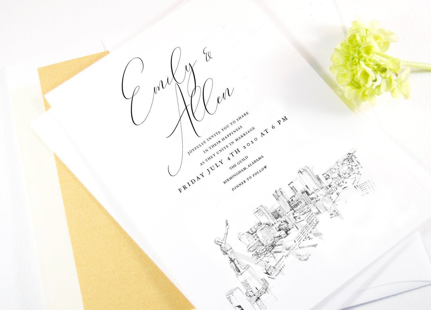 Birmingham Skyline Wedding Invitation, Alabama Wedding, Birmingham Skyline Invite, Vulcan  (Sold in Sets of 10 Invitations + Envelopes)