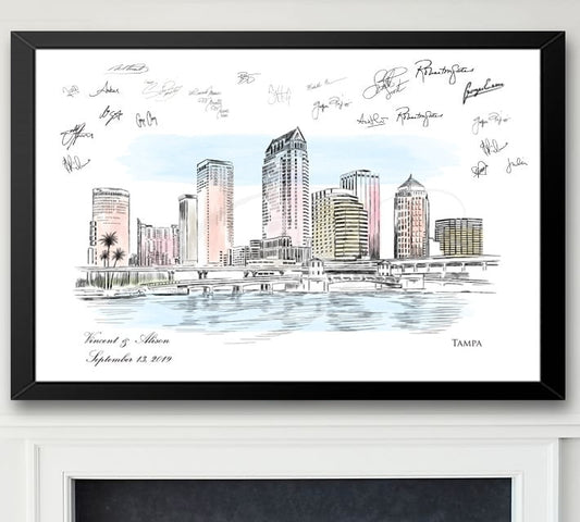 Tampa Watercolor Skyline Guestbook Print, Beach, Guest Book, Florida, Bridal Shower, Wedding, Custom, Alternative, Baby Shower,  FREE PEN