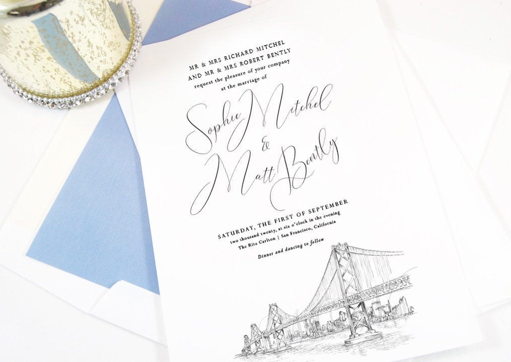 San Francisco Skyline Wedding Invitation, San Francisco Bridge,  Wedding, San Fran Invite (Sold in Sets of 10 Invitations + Envelopes)