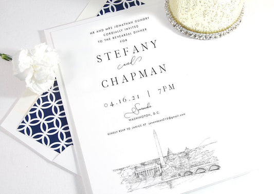 Washington DC Memorials Rehearsal Dinner Invitations, DC Skyline, DC Wedding, Weddings, Rehearse, Invite (set of 25 cards)