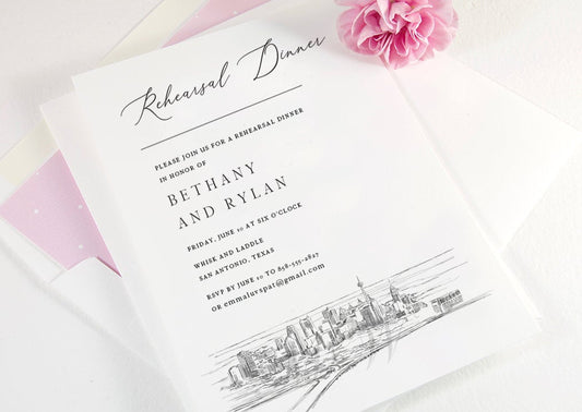 San Antonio Rehearsal Dinner Invitations, Texas Skyline, San Antonio Wedding, Weddings, Rehearse, Invite (set of 25 cards)