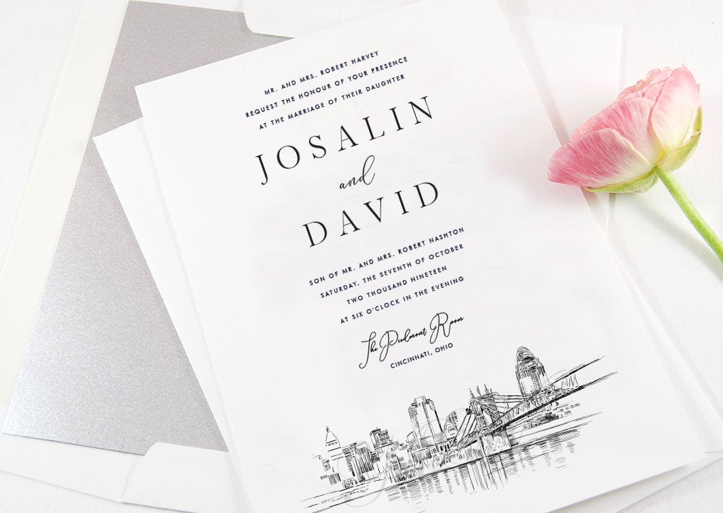 Cincinnati Skyline Wedding Invitation, Cincinnati, Wedding, Ohio, Cincinnati Skyline, Invite (Sold in Sets of 10 Invitations + Envelopes)