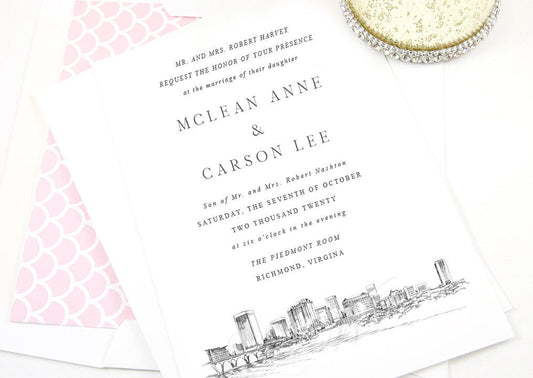 Richmond Skyline Wedding Invitation, Virginia, Wedding, Richmond, VA, Invite, Richmond Wedding (Sold in Sets of 10 Invitations + Envelopes)