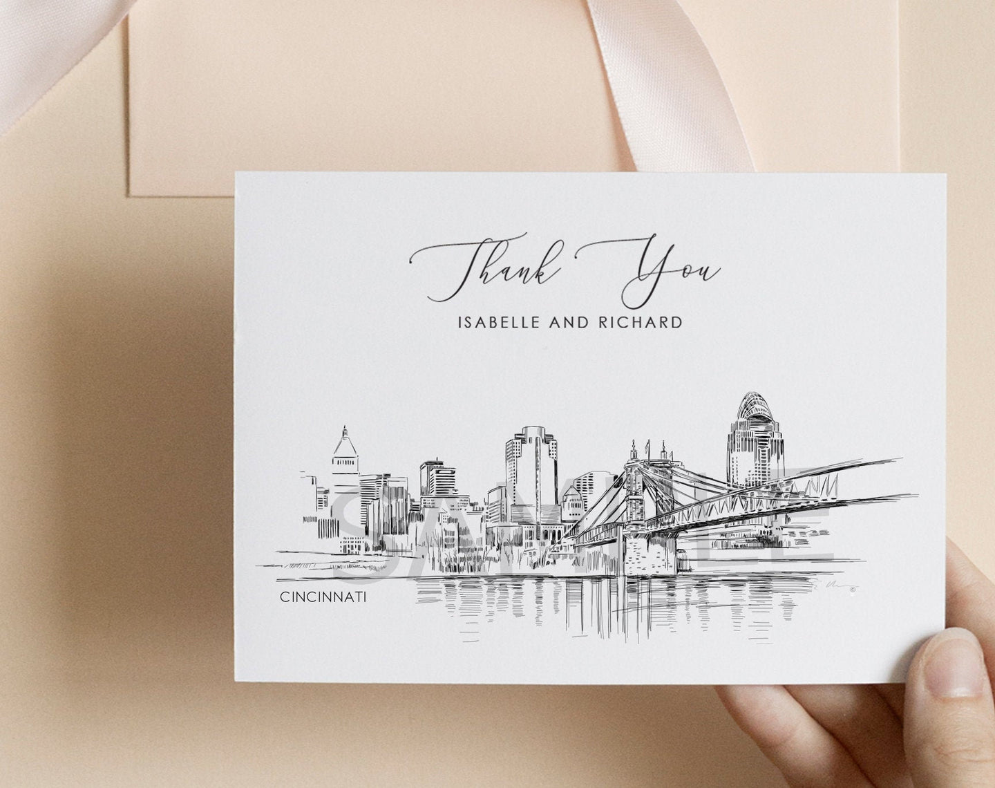 Cincinnati, OH Skyline Thank You Cards, Personal Note Cards, Bridal Shower, Real Estate Agent, Corporate Thank you Cards (set of 25 cards)