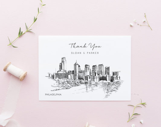 Philadelphia, PA Skyline Thank You Cards, Personal Note Cards, Bridal Shower, Real Estate Agent, Corporate Thank you Cards (set of 25 cards)