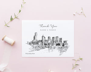 Philadelphia, PA Skyline Thank You Cards, Personal Note Cards, Bridal Shower, Real Estate Agent, Corporate Thank you Cards (set of 25 cards)