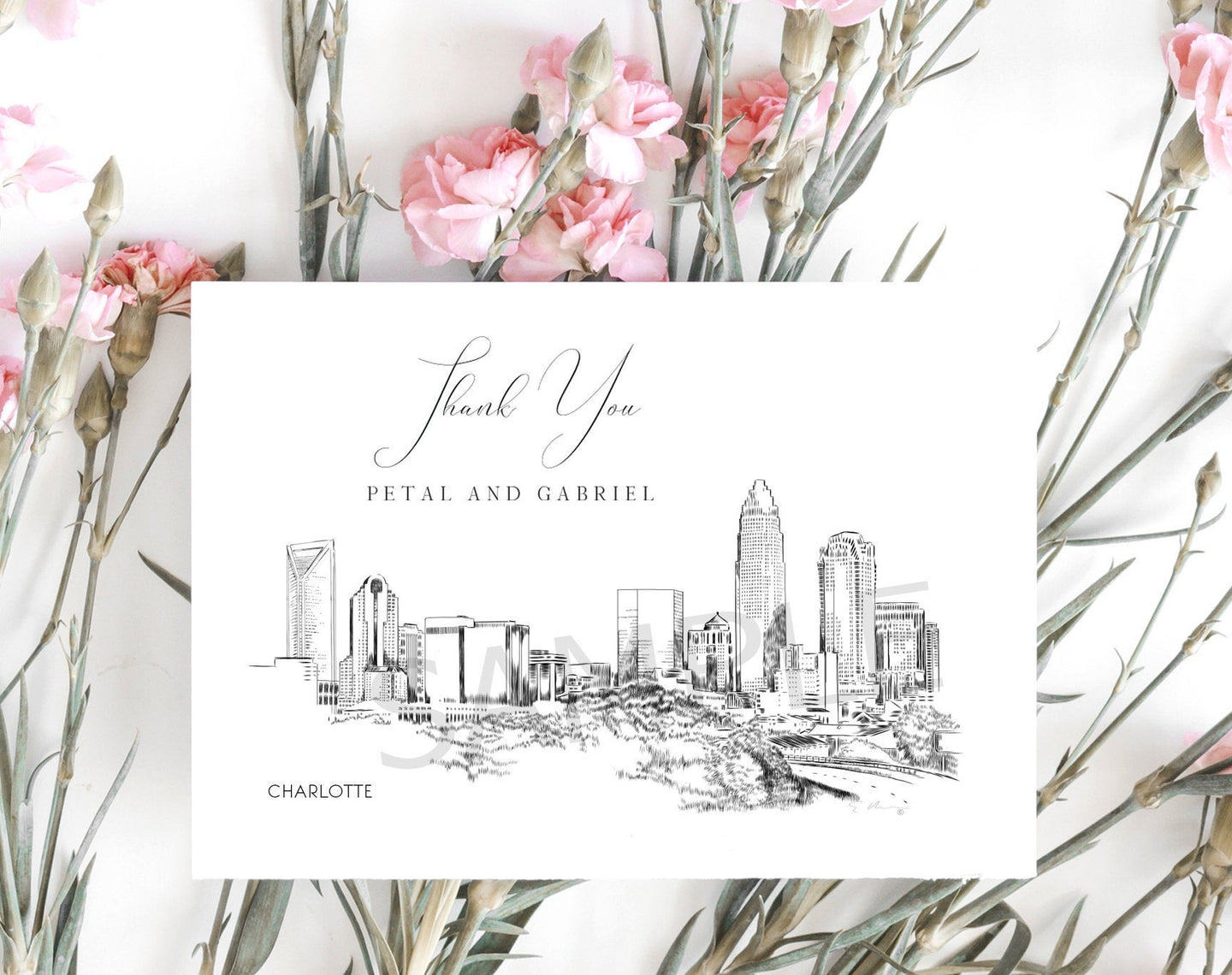 Charlotte, NC Skyline Thank You Cards, Personal Note Cards, Bridal Shower, Real Estate Agent, Corporate Thank you Cards (set of 25 cards)