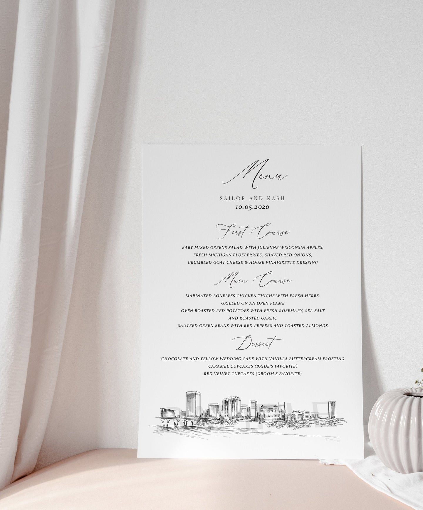 Richmond, VA Skyline Menu Cards, Virginia, Wedding, Day of Event, Reception, Dinner Menus, Corporate Events, Parties (Sold in sets of 25)